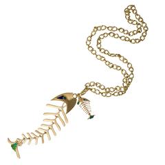 Chrysoprase Enamel Gold Fish Pendant Necklace 1