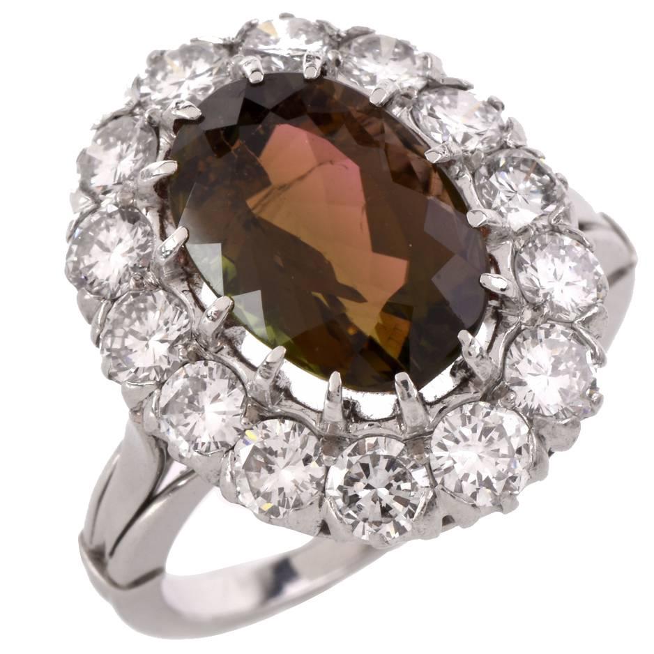 1950s Brown Pink Tourmaline Diamond Platinum Ring