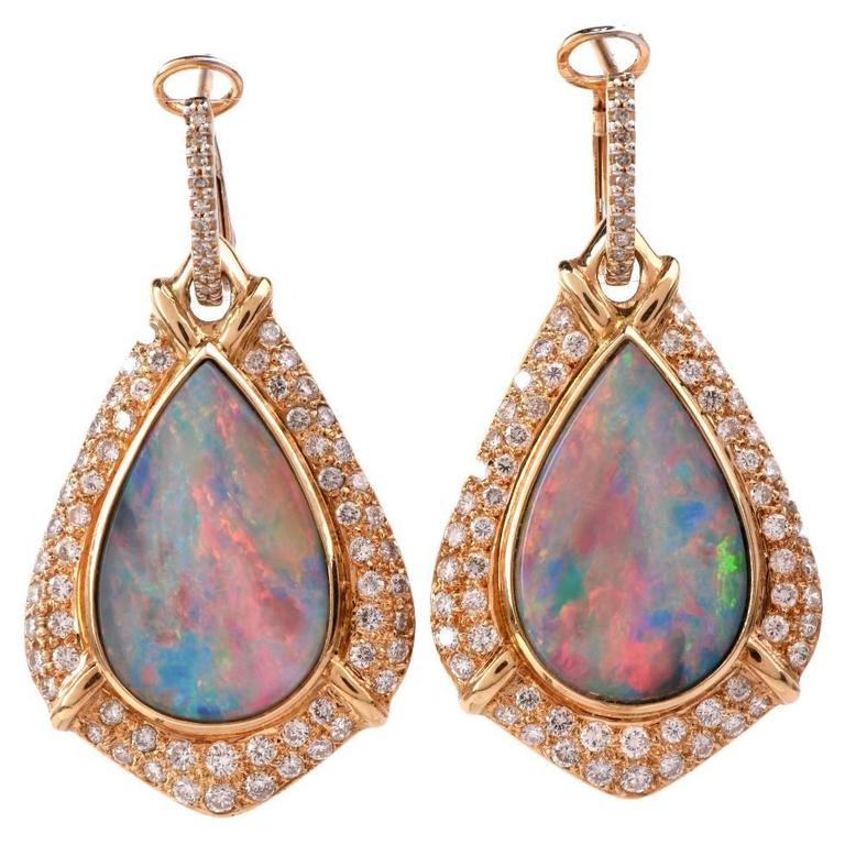 Opal Diamond Gold Pendant Earrings