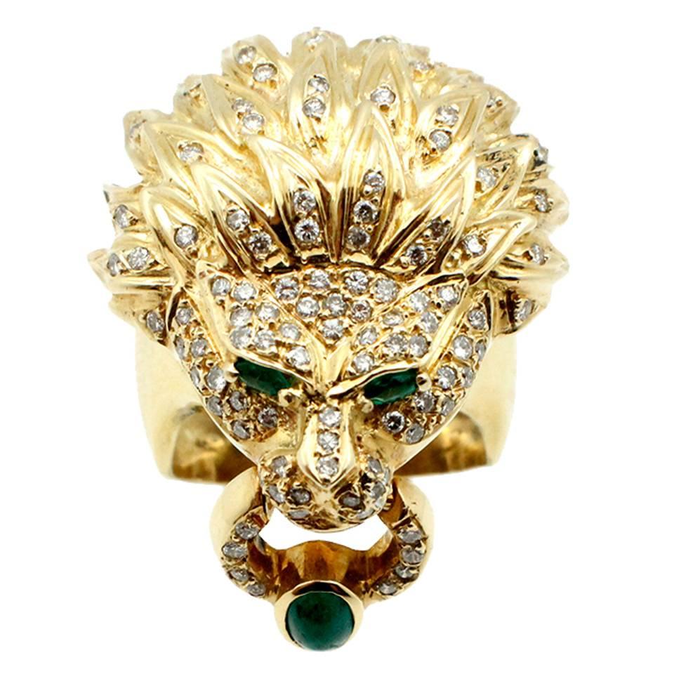 Emerald Diamond Gold Lion Head Ring