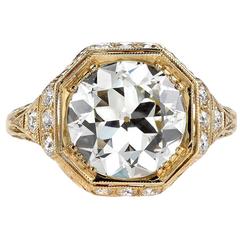 Edwardian Inspired 3.81 Carat Old European Cut Diamond Gold Engagement Ring