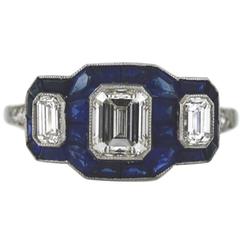 French Cut Sapphires Emerald Cut Diamond Platinum Ring 6