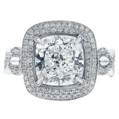 4.00 Carat GIA Cert Cushion Cut Double Pave Diamond Halo Engagement Ring