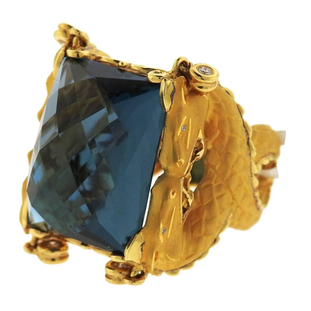 Carrera Y Carrera Large Blue Topaz Diamond Gold Dragon Ring