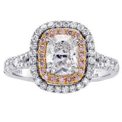 1.02 Carat GIA Cert Colorless Cushion and Pink Diamonds Platinum Halo Ring 1.02 Carat GIA Cert Colorless Cushion and Pink Diamonds Platinum Halo Ring