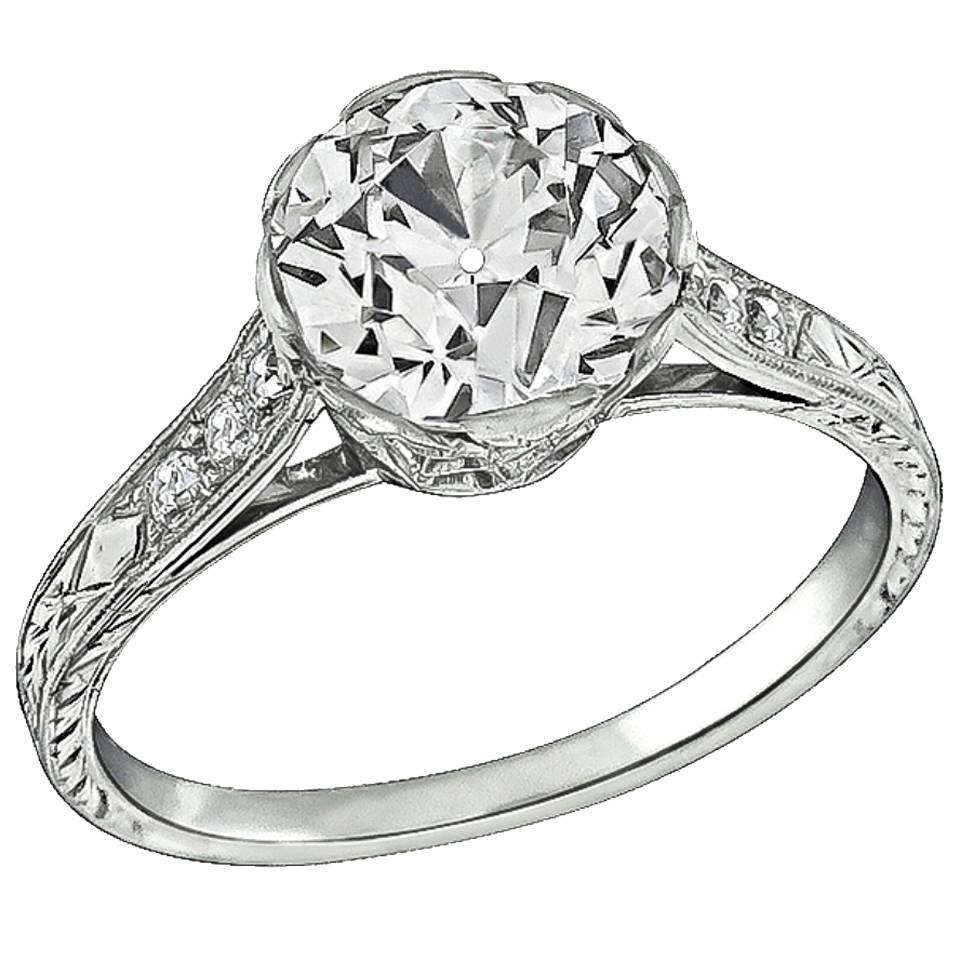 2.01 Carat GIA Cert Old European Cut Diamond Platinum Engagement Ring For Sale