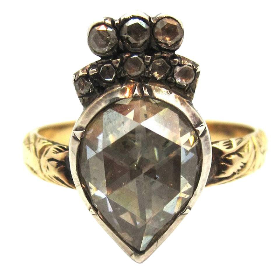 Unique Georgian Era Pear Shaped Rose Cut Diamond Silver Topped Gold Ring
