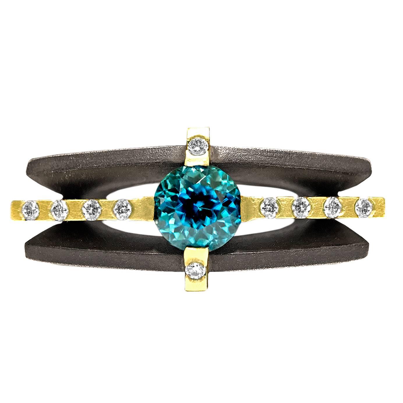 Robin Waynee Brilliant Blue Zircon White Diamond Gold Handmade Ring