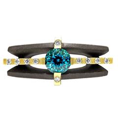 Robin Waynee Brilliant Blue Zircon White Diamond Gold Handmade Ring