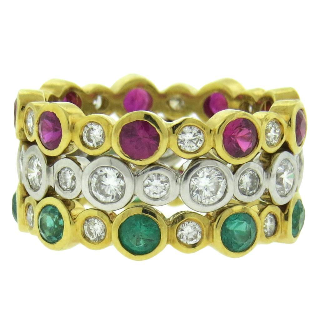 Modern Emerald Ruby Diamond Gold Stackable Ring Set