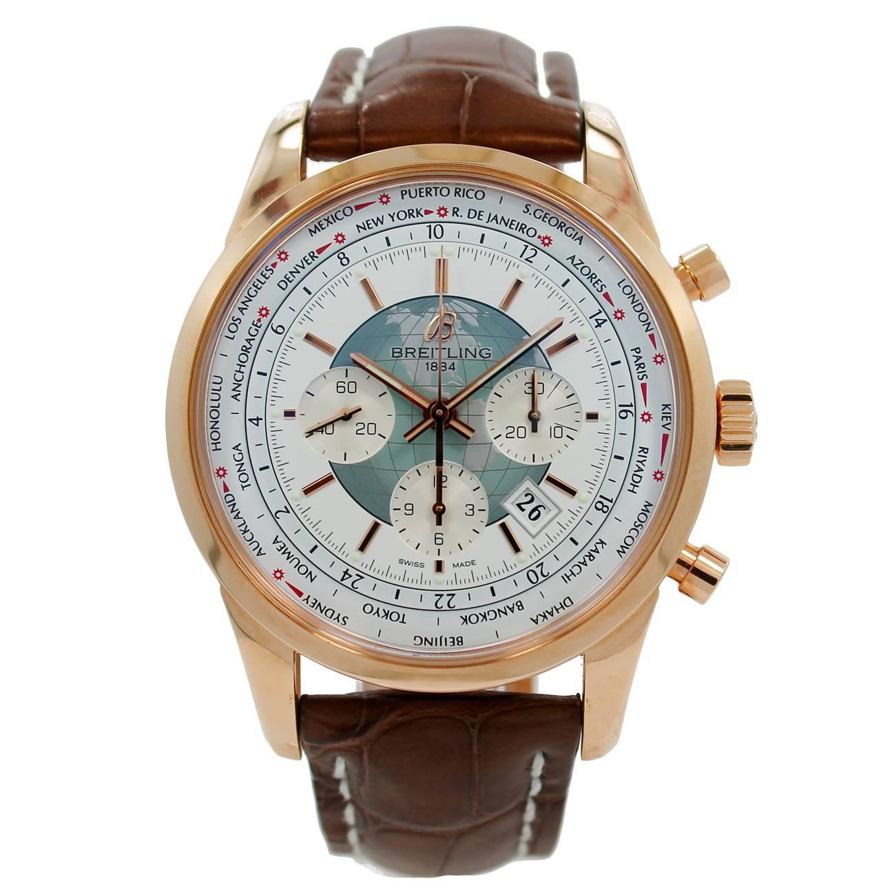 Breitling Rose Gold Transocean Chronograph Unitime Automatic Wristwatch