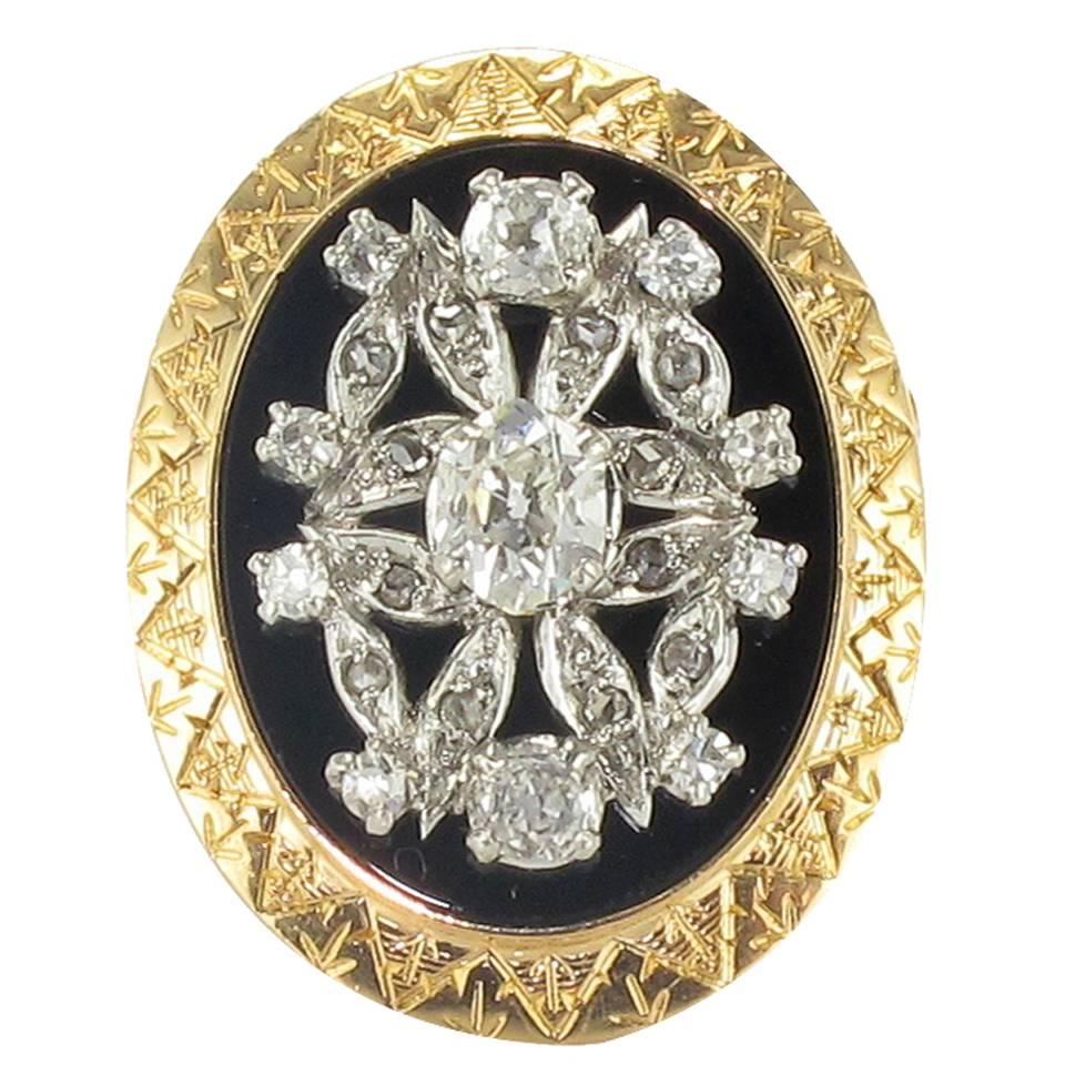 1900s French Onyx Diamond Gold Platinum Ring