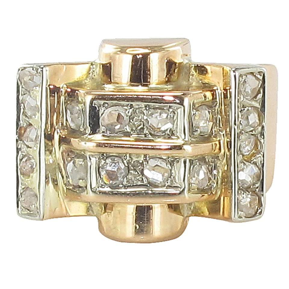 French 1940s Rose Cut Diamond Gold Tank Ring