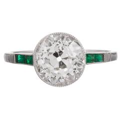 2.98 Carat Old European Cut Diamond Ring with Emerald Accents