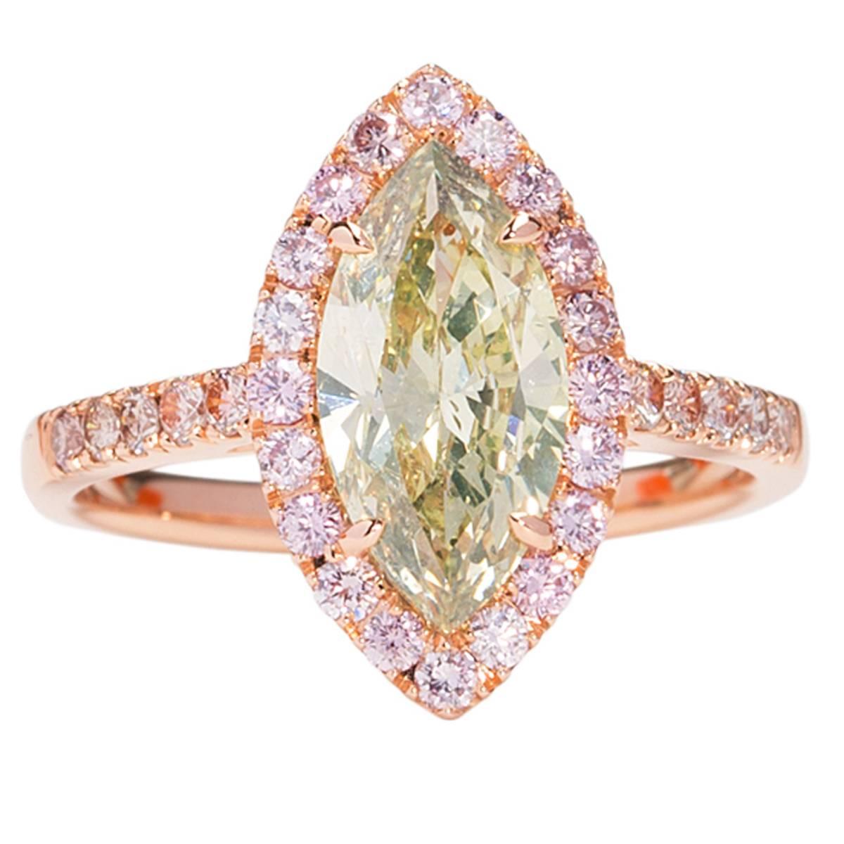 1.45 Carat GIA Certified Green Marquee Diamond Gold Ring with Pink Diamonds