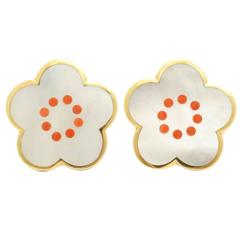1980s Tiffany & Co. Inlaid Mother Of Pearl Coral Gold Floral Earclips