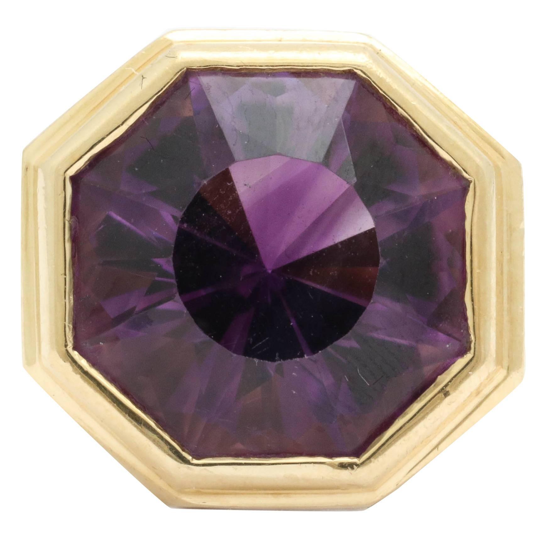 1960s Chic Octagonal Spiral Cut Amethyst Gold Dome Style Ring