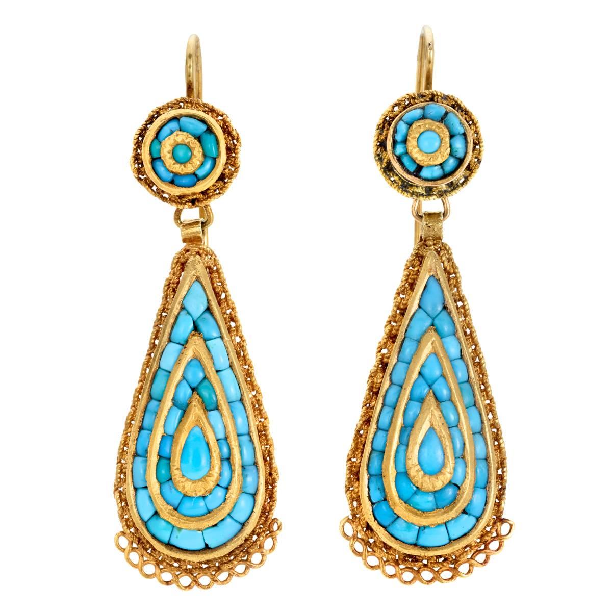 Mid-Victorian Calibré Turquoise Gold Earrings