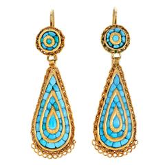 Antique Mid-Victorian Calibré Turquoise Gold Earrings