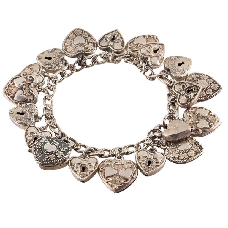 Antique Sterling Silver Heart Charm Bracelet For Sale at 1stdibs