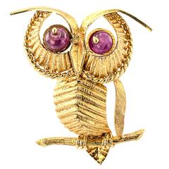 1970s Zolotas Ruby Gold Owl Brooch 5
