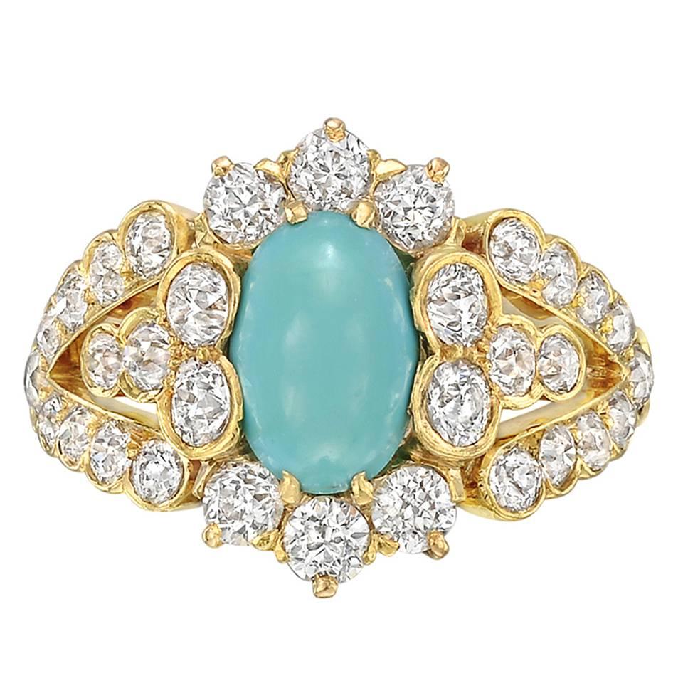 1890s Turquoise Diamond Gold Dress Ring