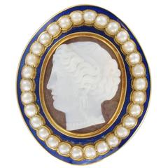 Napoleon III Fine Pearl Enamel Agate Gold Cameo Brooch 2