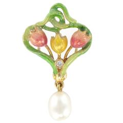 French Art Nouveau Enamel Pearl Diamond Gold Pendant 