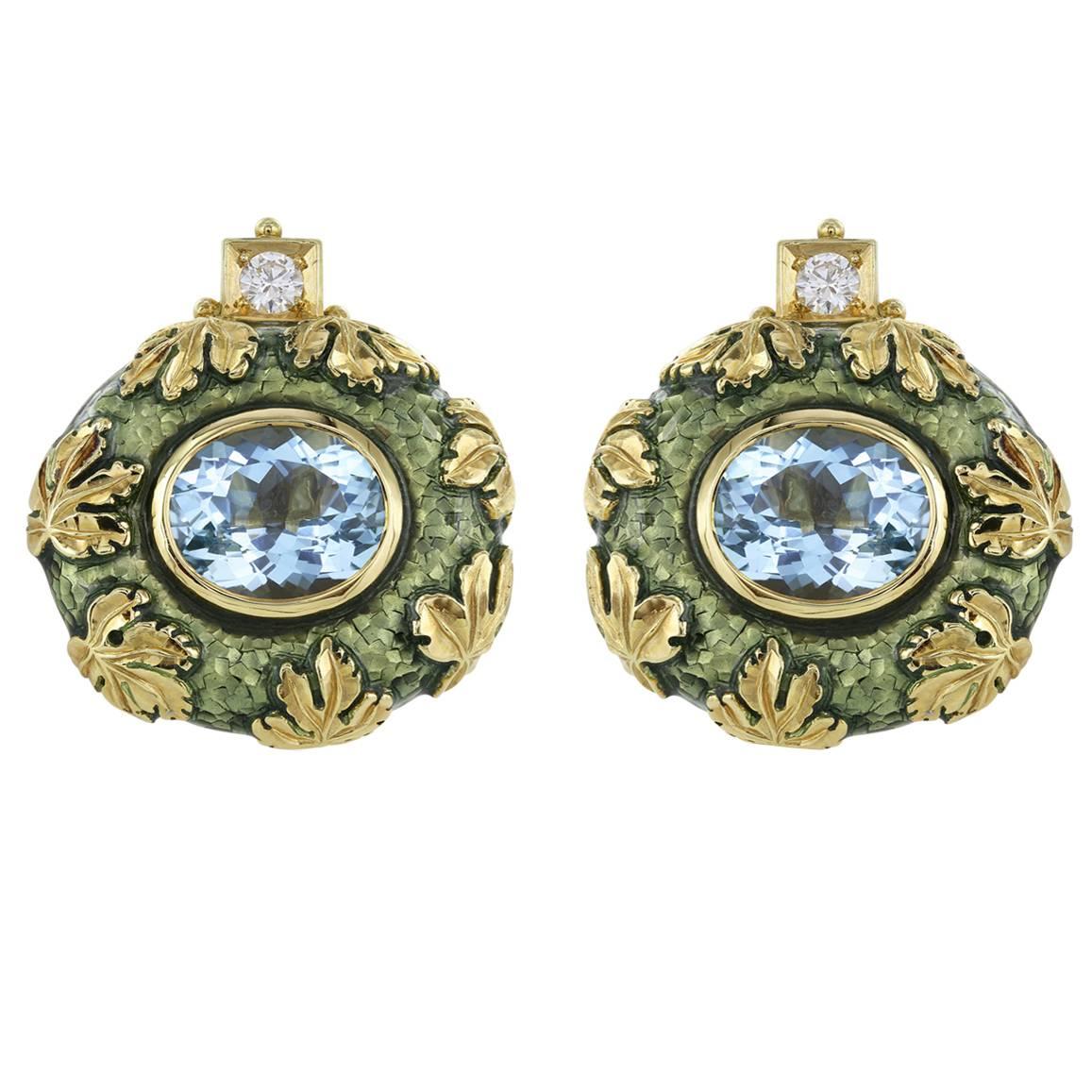 Elizabeth Gage Enamel Oval Cut Aquamarine Diamond Gold Oak Leaf Earrings