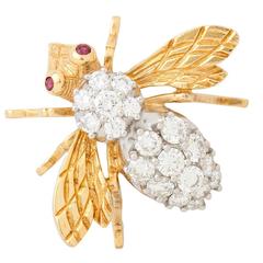 1970s Herbert Rosenthal Ruby Diamond Two Color Gold Bee Brooch