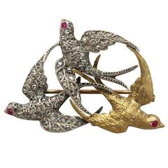 Victorian 0.55 Carat Diamond, 18k White Gold and 18k Yellow Gold Swallow Brooch 1