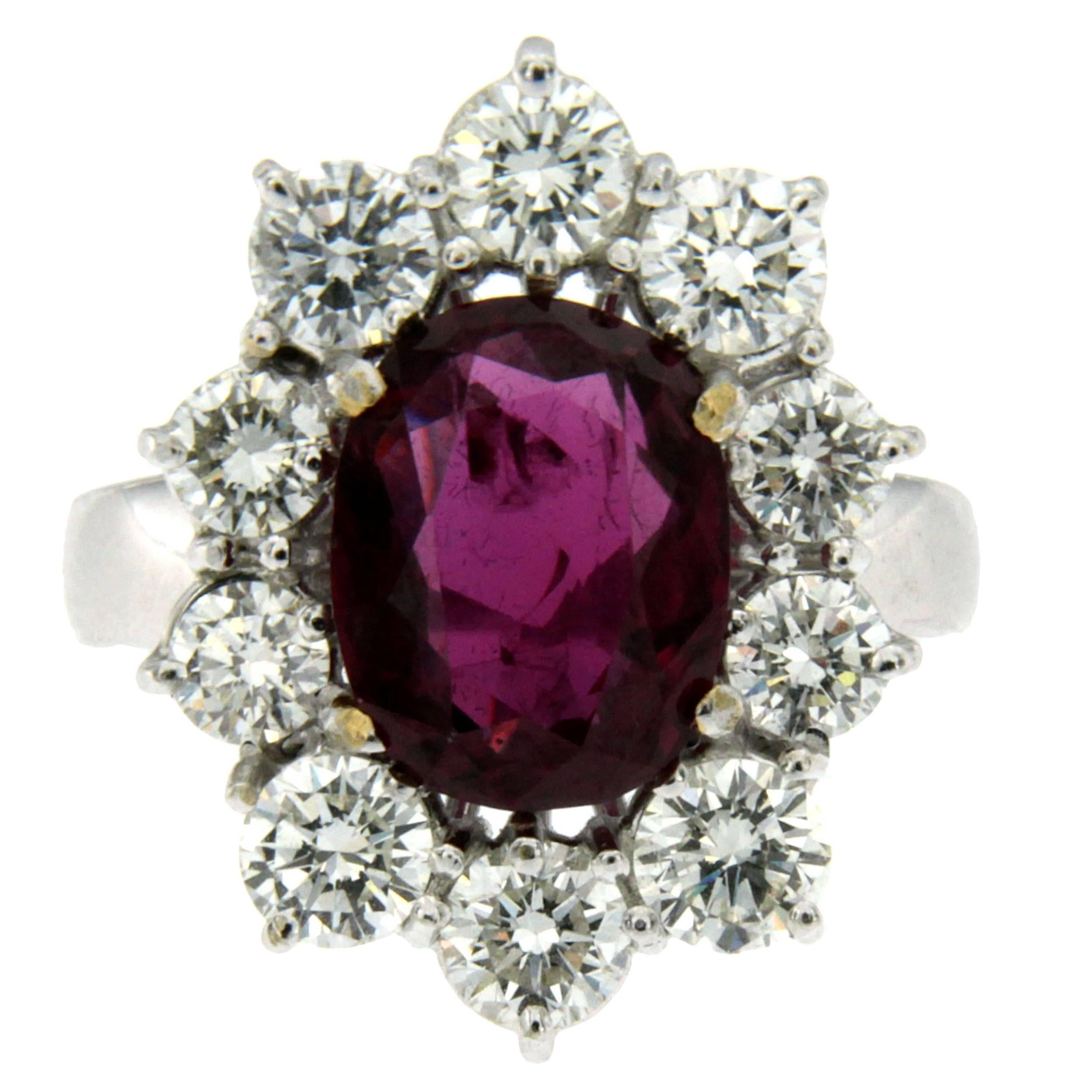 3.81 Carat Ruby Diamond Gold Cluster Ring