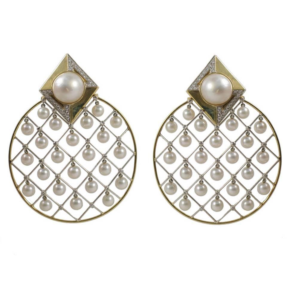 Charming Cultured Pearl Diamond Hoops