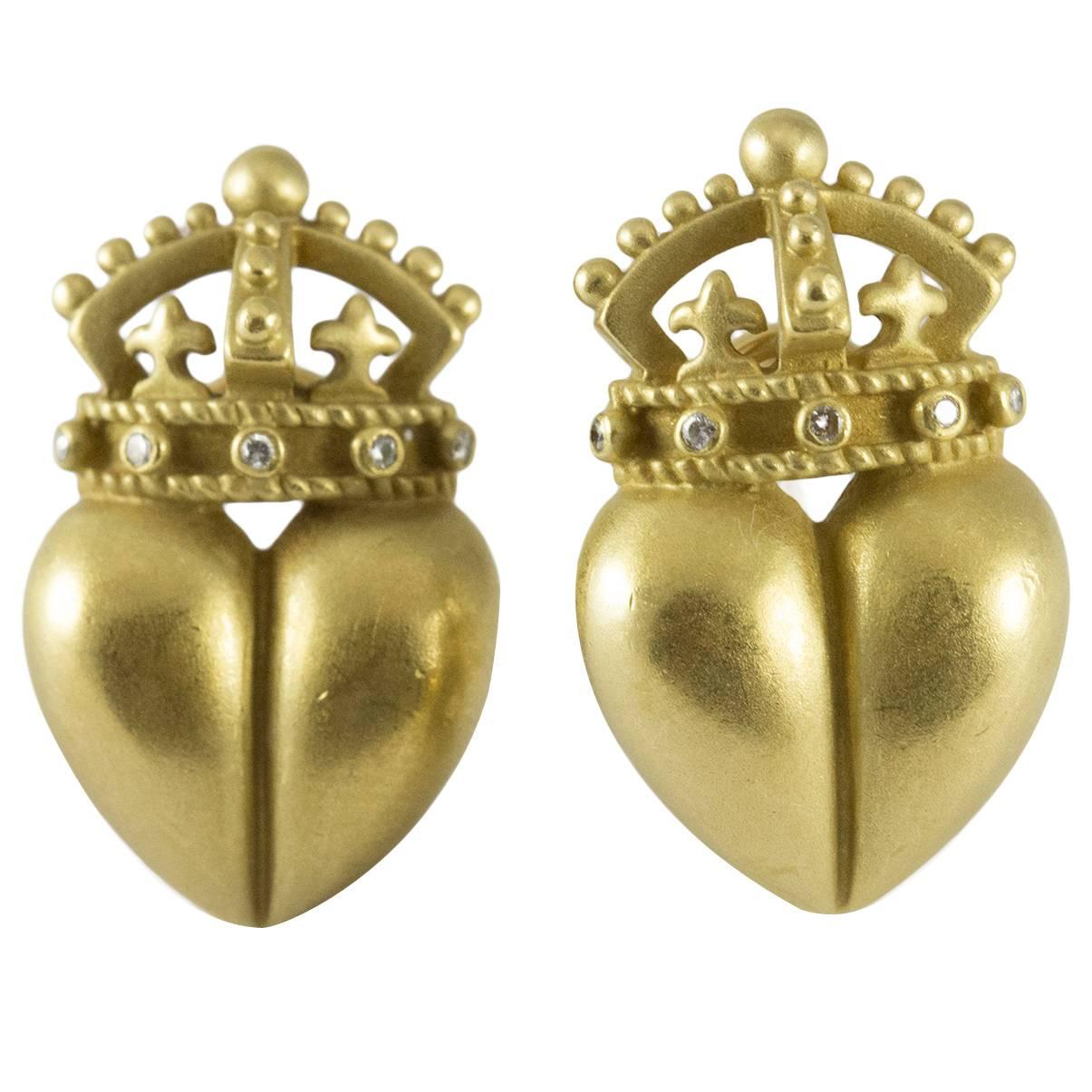 Kieselstein Cord Diamond Gold Royal Crown and Heart Earrings For Sale