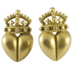 Kieselstein Cord Diamond Gold Royal Crown and Heart Earrings