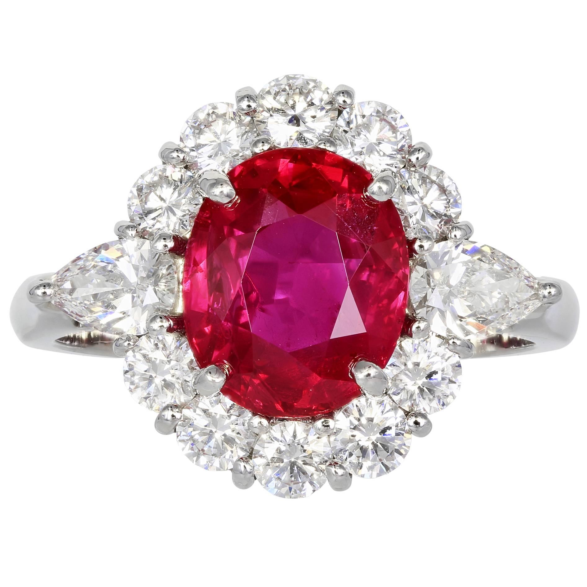 3.16 Carat Ruby Diamond Platinum Cluster Ring For Sale
