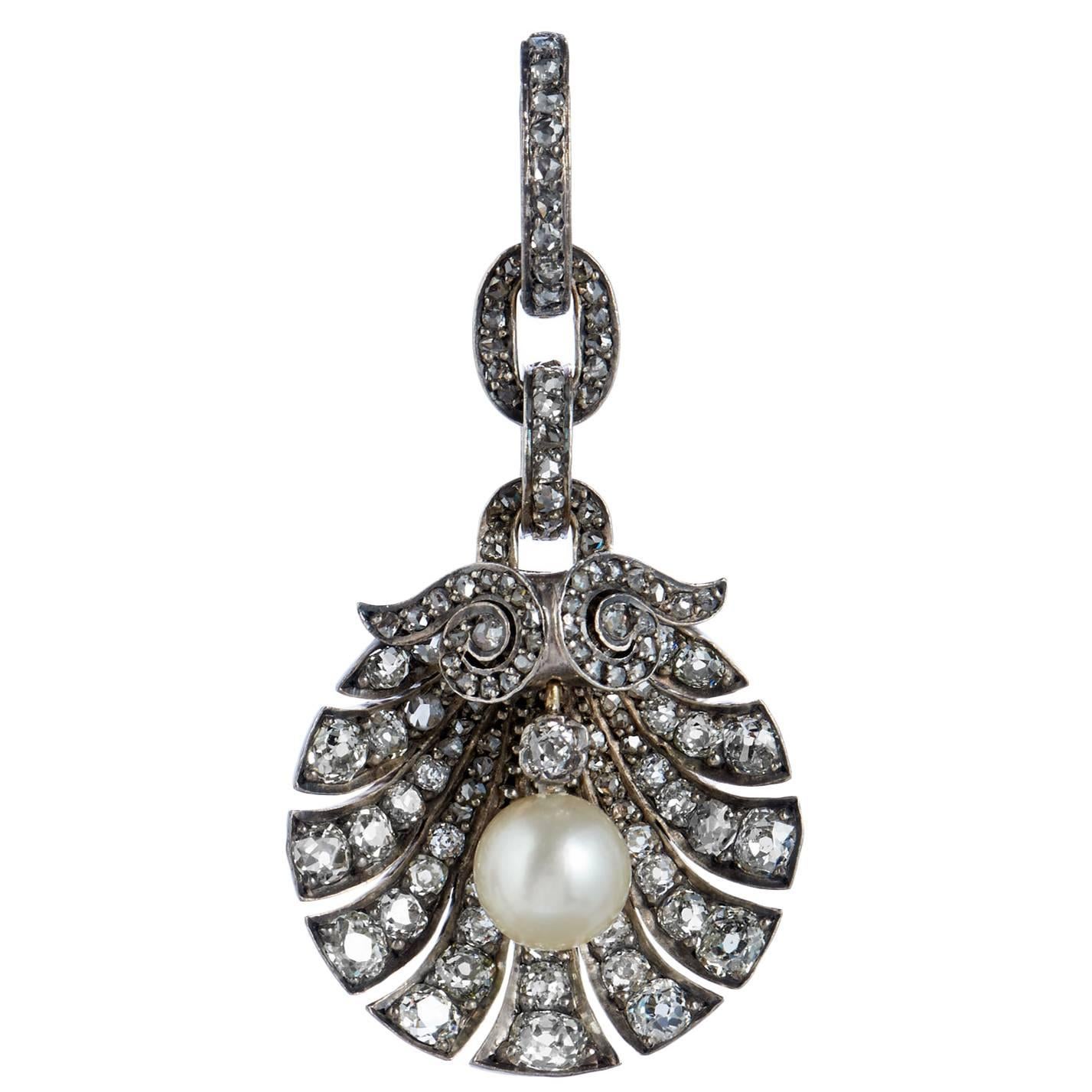 Georgian White Pearl and 2.50-3.00 Carat of Diamonds Silver and Gold Pendant