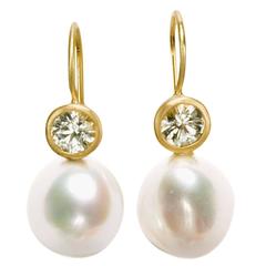 Freshwater Pearl White Sapphire Gold Earrings at 1stDibs