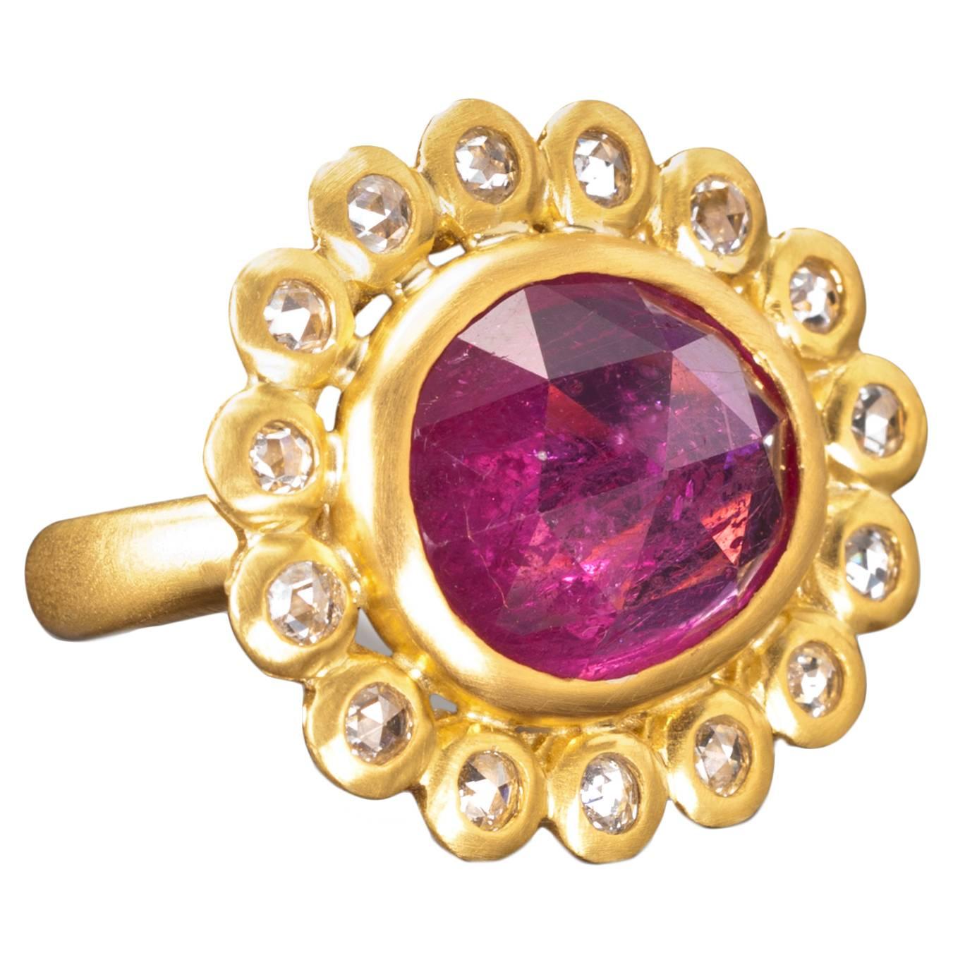 Faye Kim Pink Sapphire Diamond Gold Daisy Ring