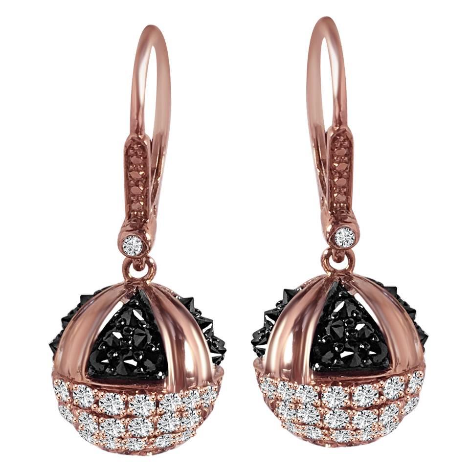 Black and White Diamond Gold Ball Drop Earrings For Sale at 1stDibs