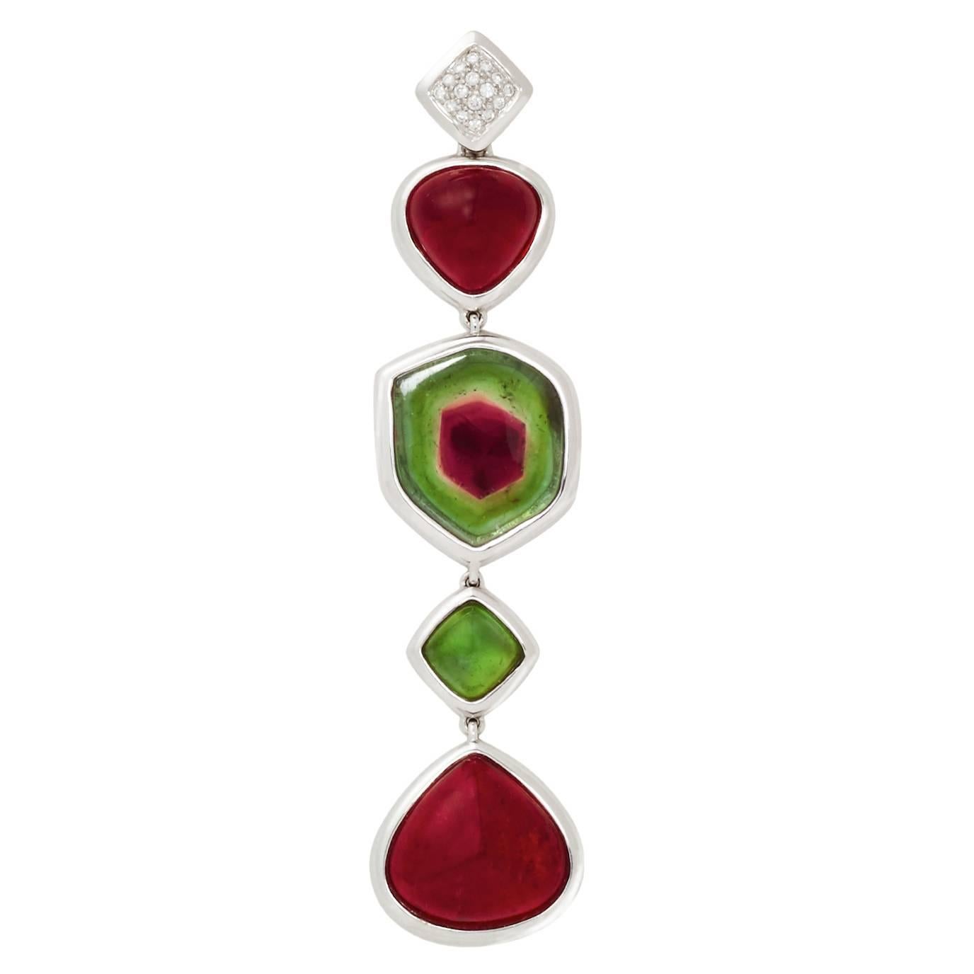 Rubellite, Watermelon and Green Tourmaline long Pendant  For Sale
