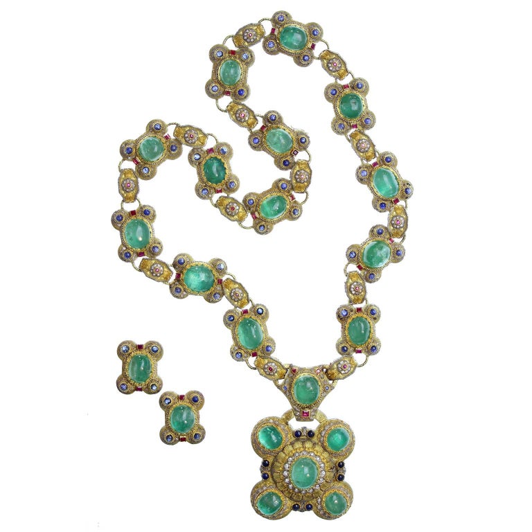 Cazzaniga Ruby Sapphire Emerald Gold Sautoir Necklace For Sale