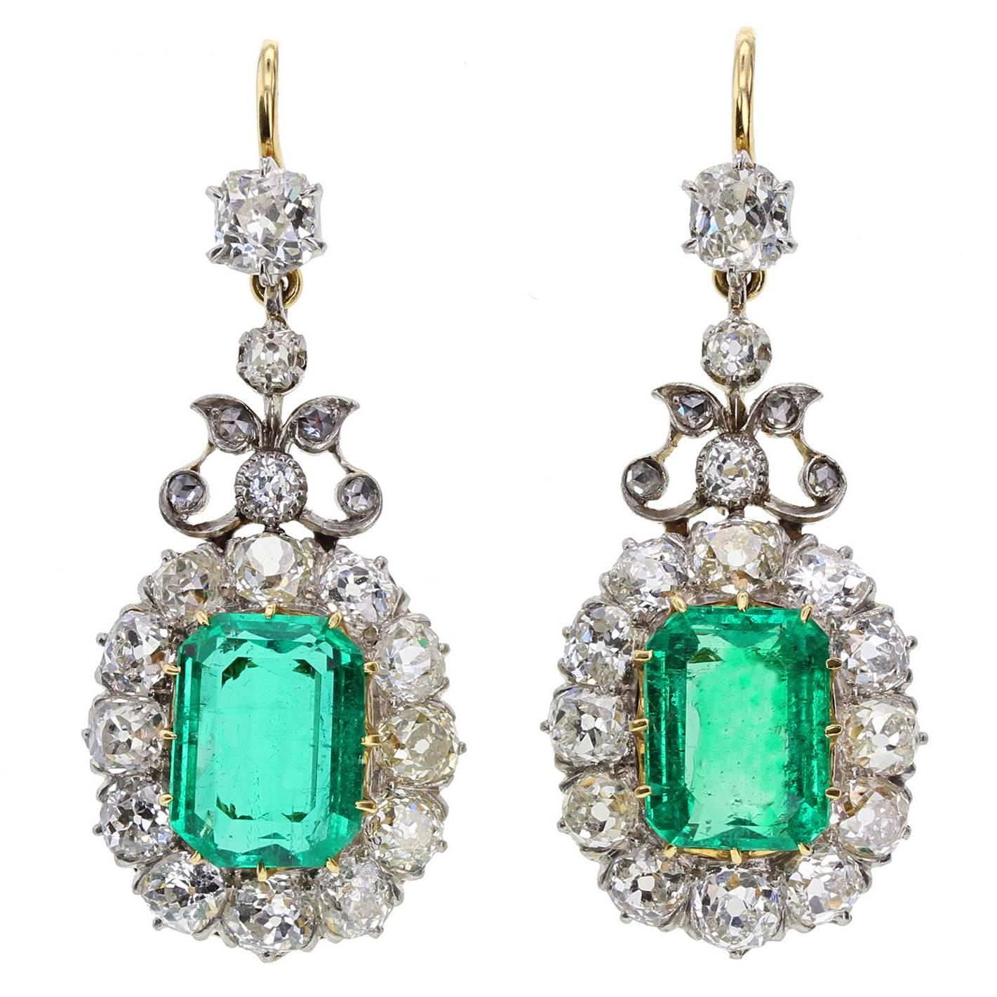 Antique Emerald Diamond Gold Drop Earrings