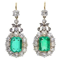 Antique Emerald Diamond Gold Drop Earrings