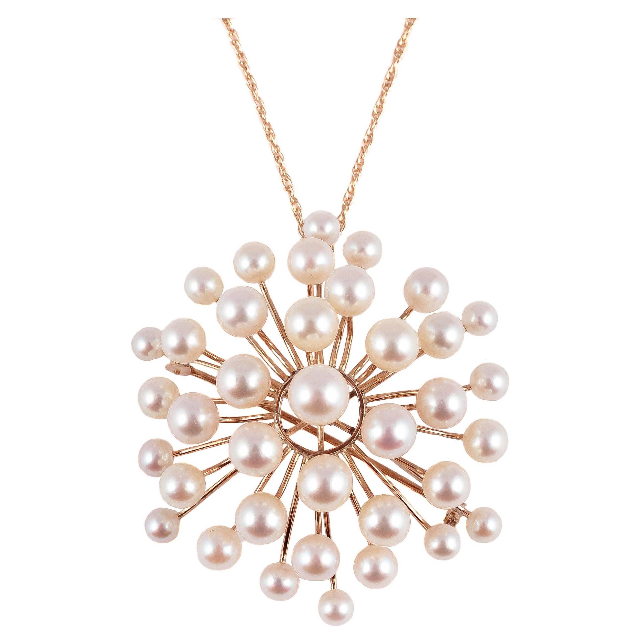 1970's Gold Pin Pendant in a Spray of Cultured Pearls
