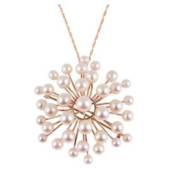 1970's Gold Pin Pendant in a Spray of Cultured Pearls