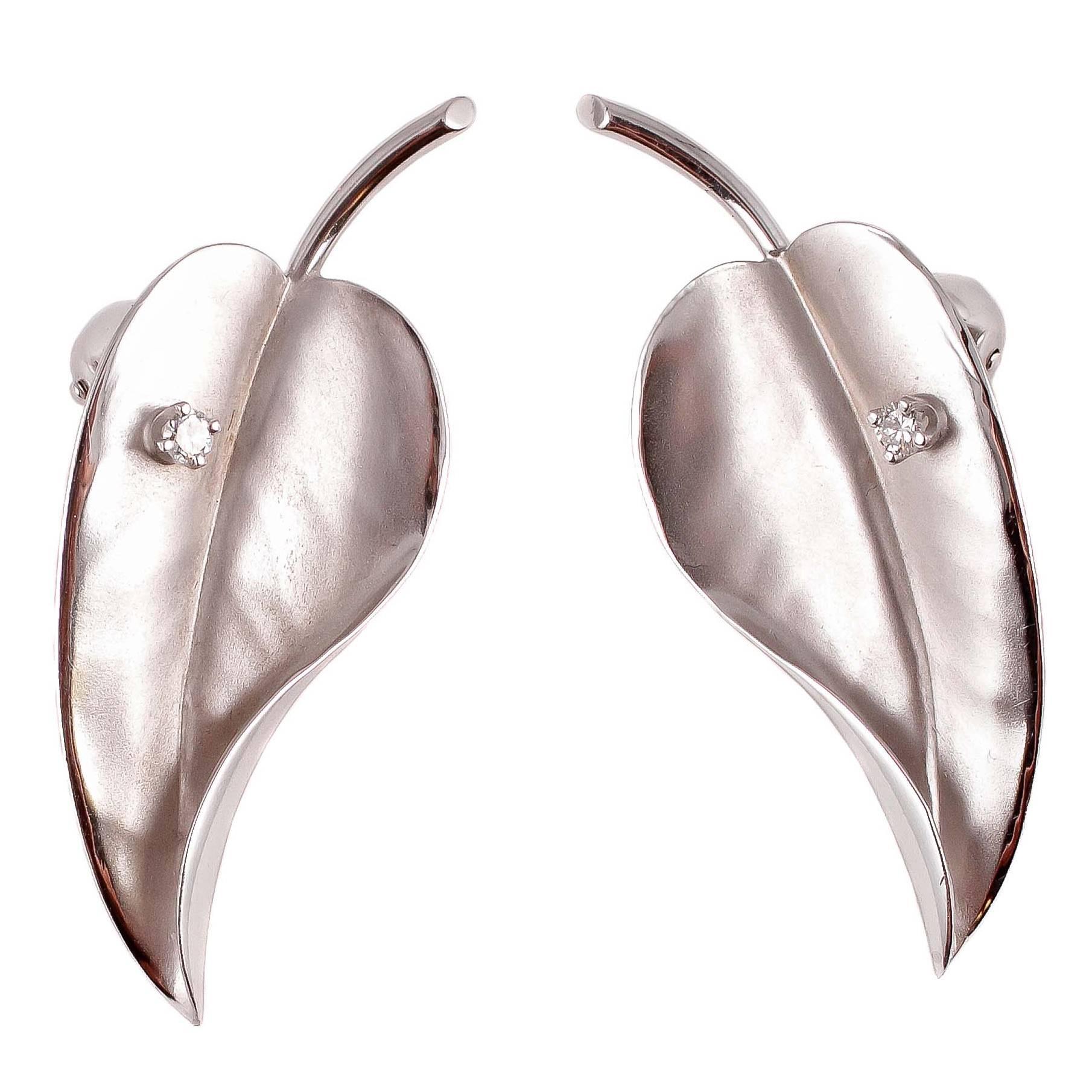 Diamond Gold Leaf Clip Earrings