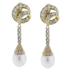 3 Carats Diamonds Gold Pearl Drop Earrings