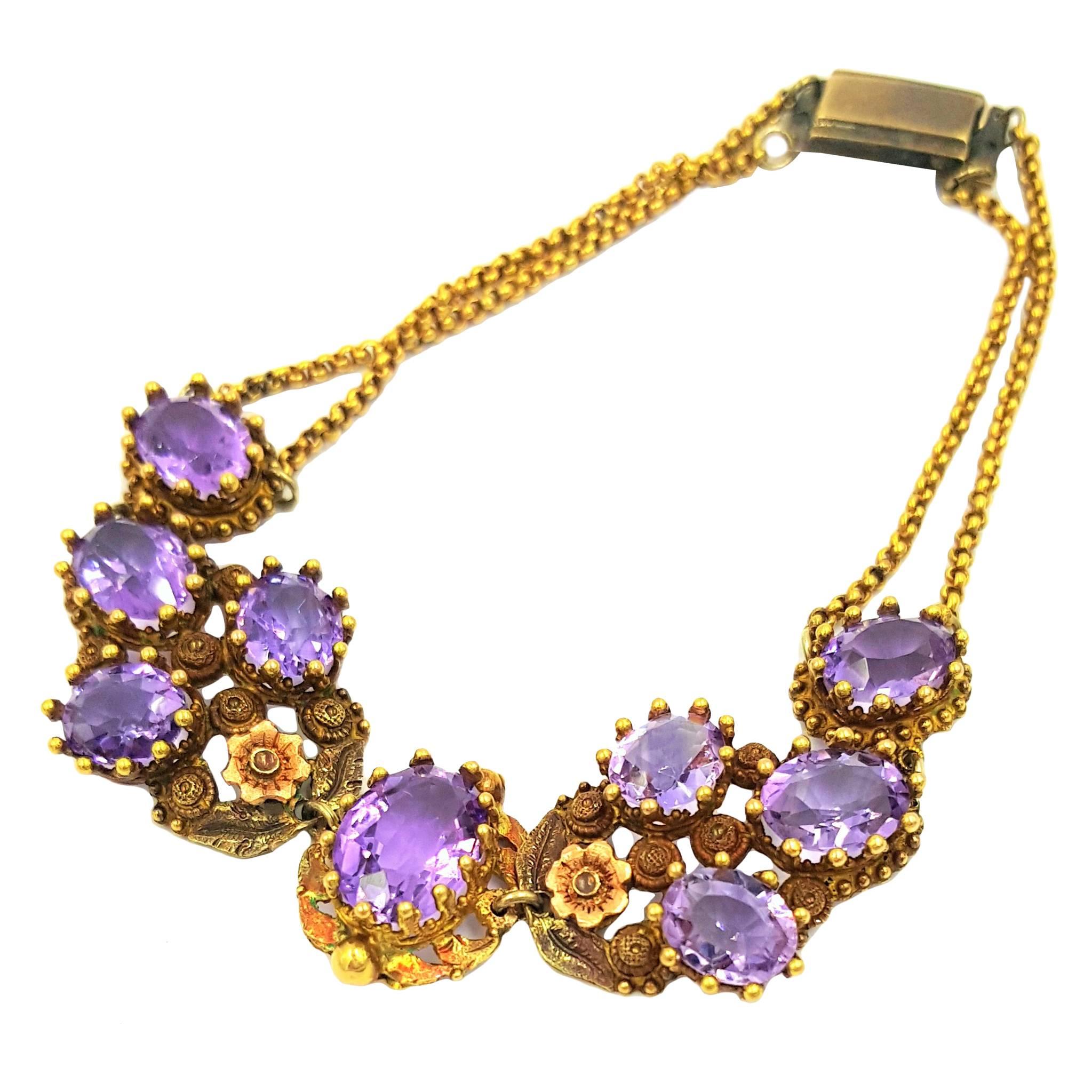 Victorian 10 Carats Vivid Violet Purple Amethysts Gold Bracelet For Sale