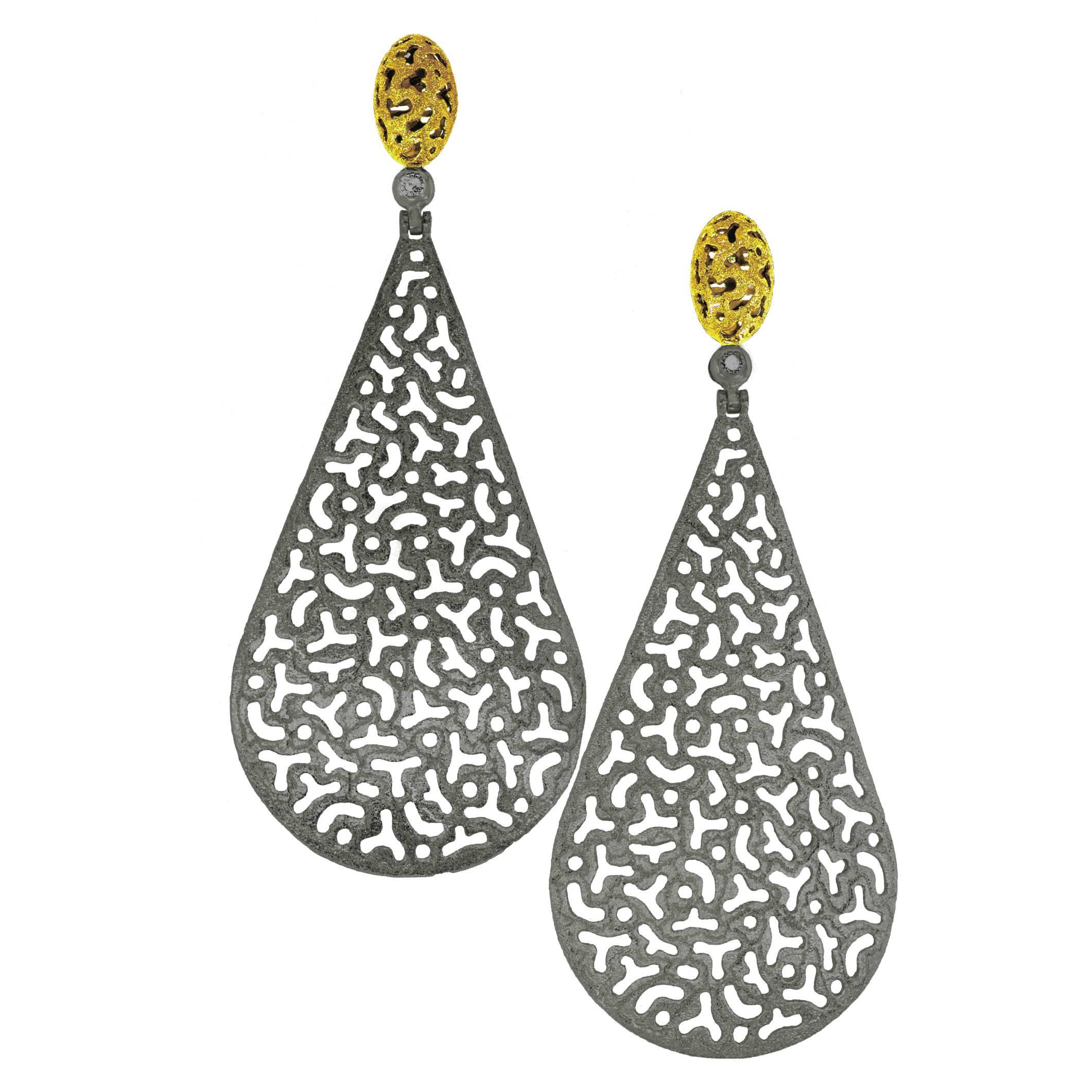 Drop Dangle Gold Earrings w Textured Open Work by Alex Soldier Ltd Ed Handmade